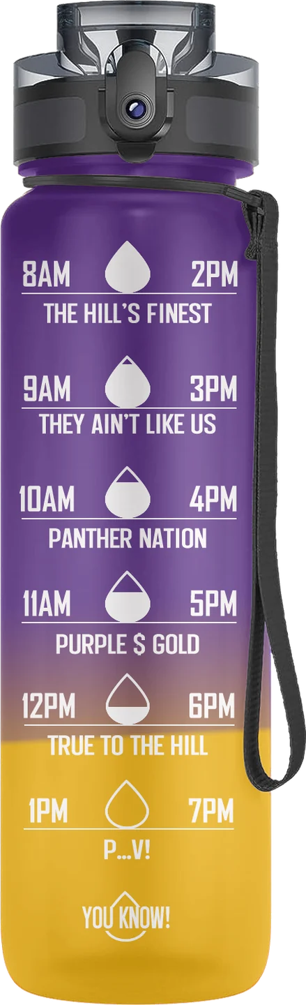 Custom Prairie View A&M water bottle, purple and gold, with Panther Nation and True to the Hill at the hour marks
