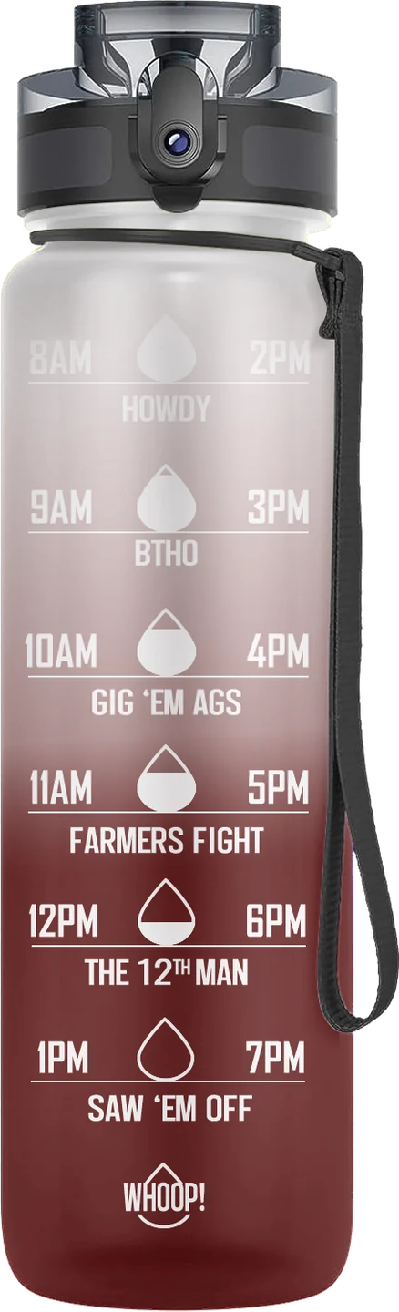 Custom Texas A&M water bottle, maroon, with Aggie phrases like Howdy and Gig 'em Ags at each hour