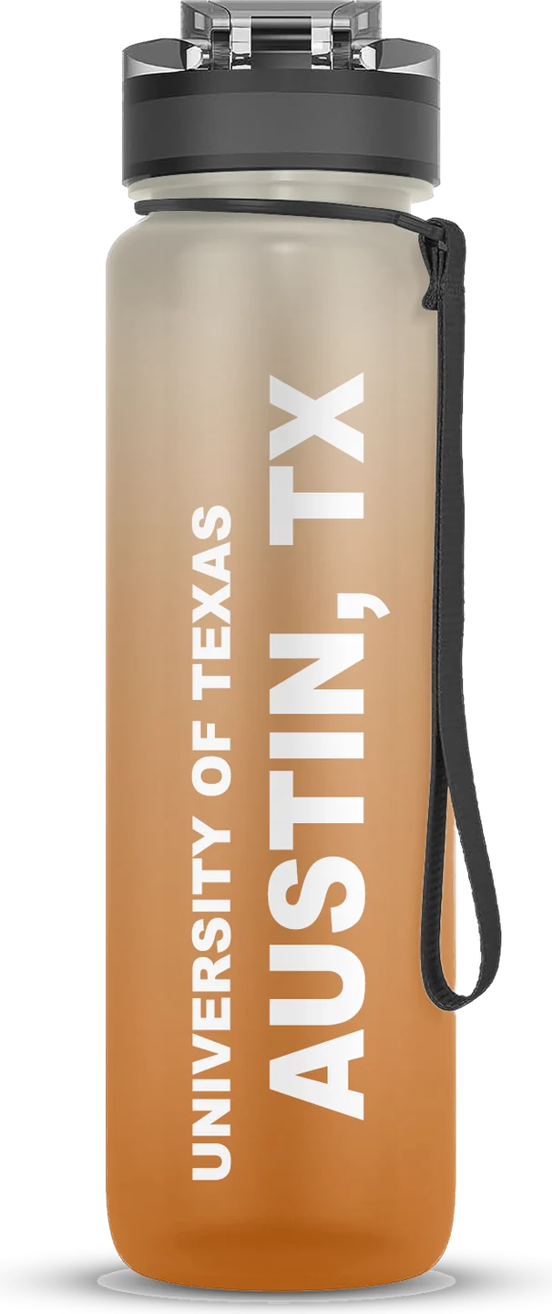 Custom University of Texas water bottle in burnt orange reading Austin, TX