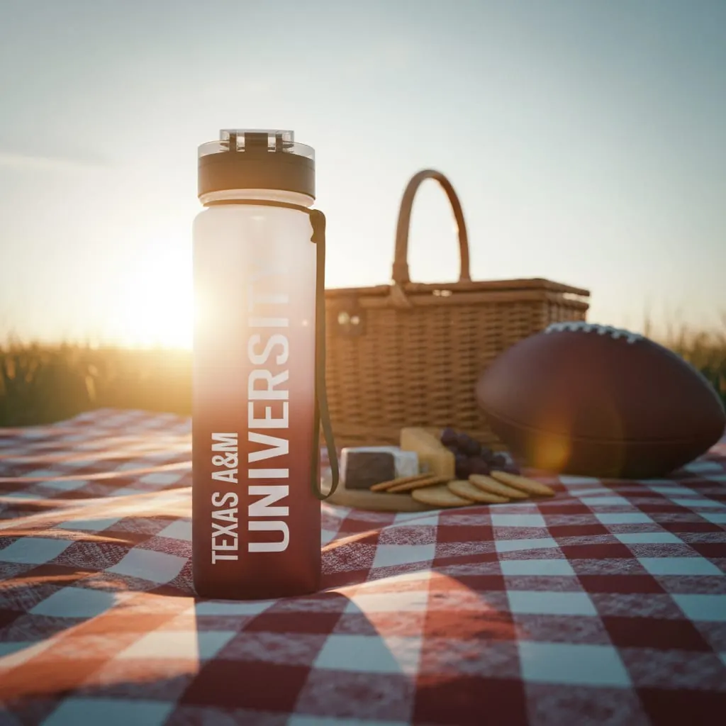 A custom Texas A&M University water bottle on a picnic blanket at sunset next to a football