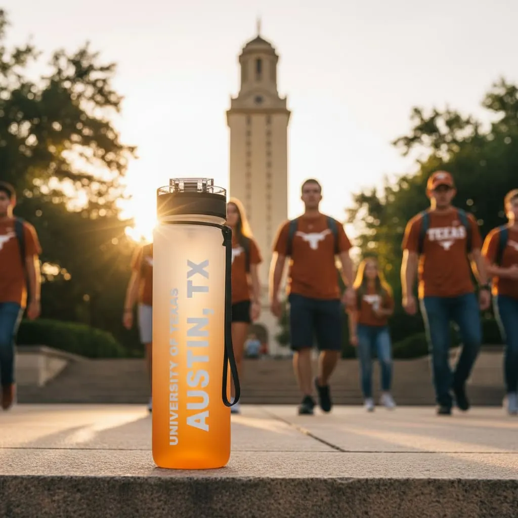 A custom UT Austin water bottle on campus steps with the UT Tower behind it