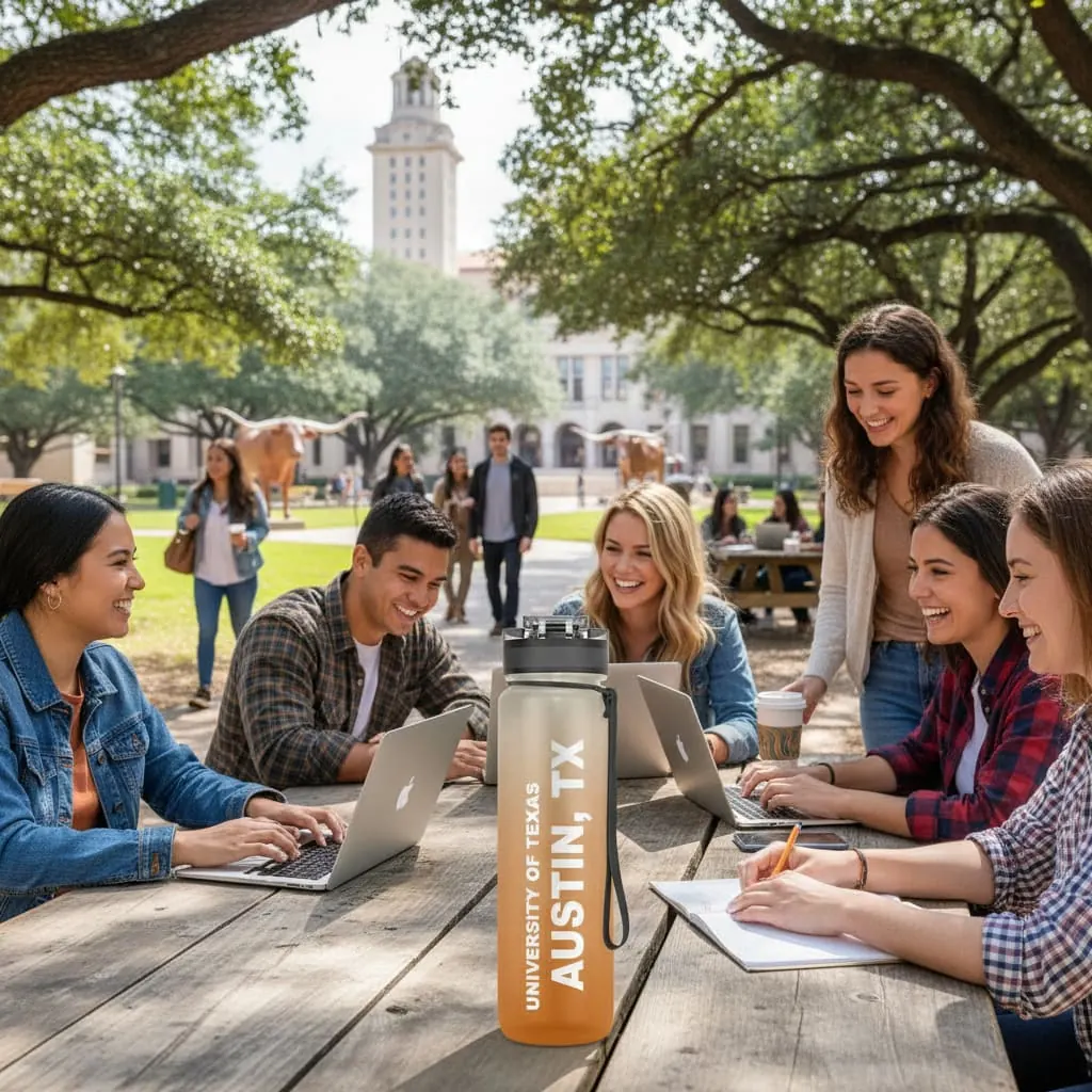 Students at a campus picnic table with a custom University of Texas water bottle