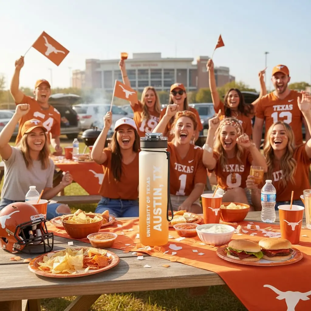 Fans at a game day tailgate with a custom burnt orange water bottle on the table